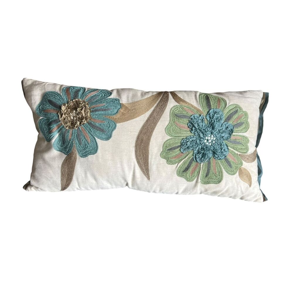 Pier 1 Imports embroidered floral lumbar throw pillow neutral blend 3D